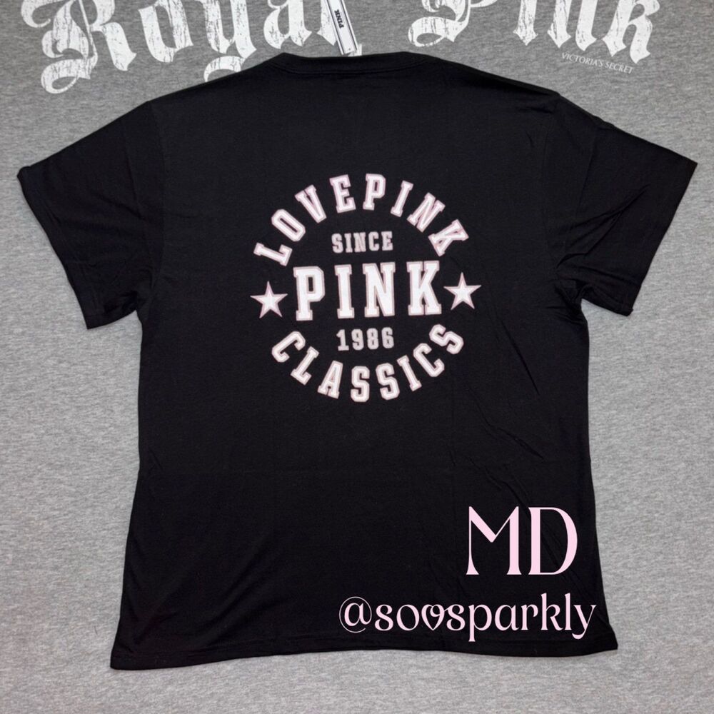NWT New VS PINK Black Love Pink Classics 1986 Logo Cotton Campus Tee MD